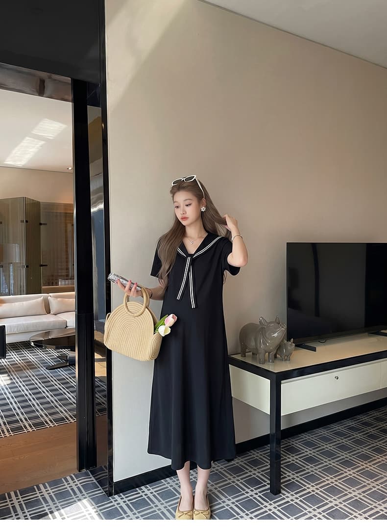 실사 지금 임산부 해군 칼라 여성 드레스 여름 학원 스타일 루즈핏 슬림해 보이는 반팔 품격 치마 상세 이미지 14