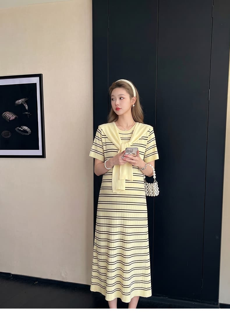 실사 지금 임산부 니트 여성 드레스 여름 스트라이프 라운드 넥 반팔 스트레이트 치마 품격 몸매 가꾸기 상세 이미지 13
