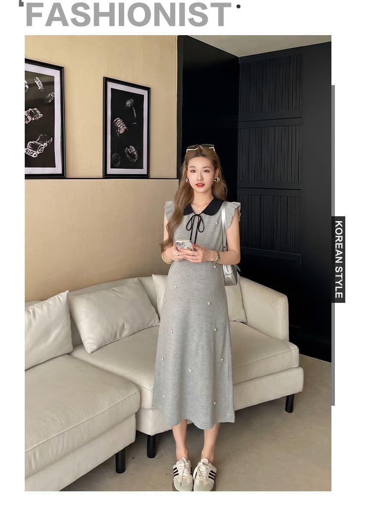 실사 지금 임산부 프랑스식 베이비 칼라 나비 매듭 여성 드레스 비즈 박기 허리 수축 슬림해 보이는 롱 스커트 상세 이미지 2