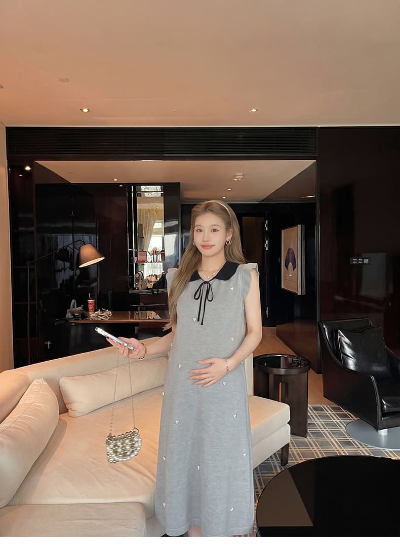 실사 지금 임산부 프랑스식 베이비 칼라 나비 매듭 여성 드레스 비즈 박기 허리 수축 슬림해 보이는 롱 스커트 상세 이미지 8