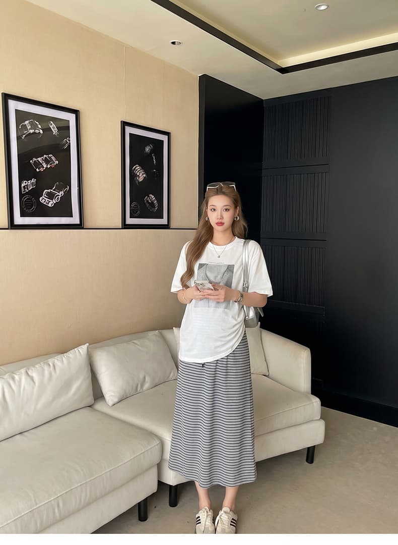 실사 지금 임산부 한 부서 레트로 프린트 반팔 티셔츠 스트라이프 반신 스커트 투피스 세트 루즈핏 연령 감소 상세 이미지 14