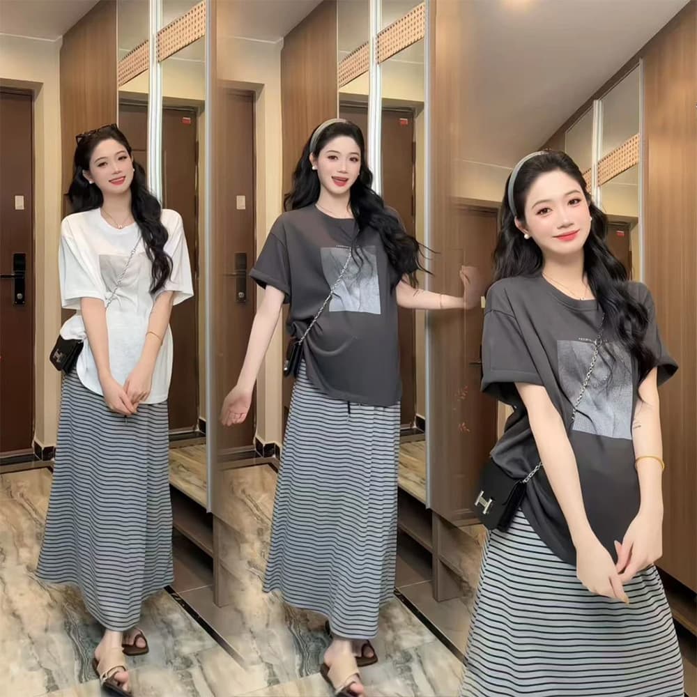 지금 임산부 한 부서 레트로 프린트 반팔 티셔츠 스트라이프 반신 스커트 두 조각 여성 세트 여름 루즈핏 다용도 세트