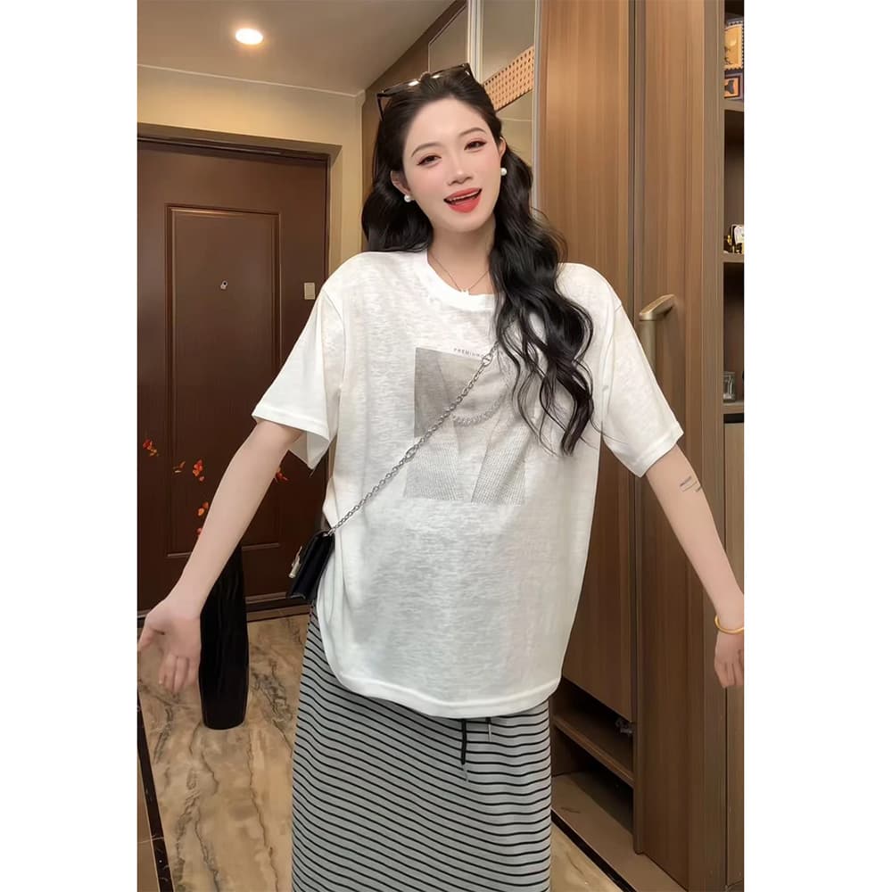 지금 임산부 한 부서 레트로 프린트 반팔 티셔츠 스트라이프 반신 스커트 두 조각 여성 세트 여름 루즈핏 다용도 세트 이미지 5