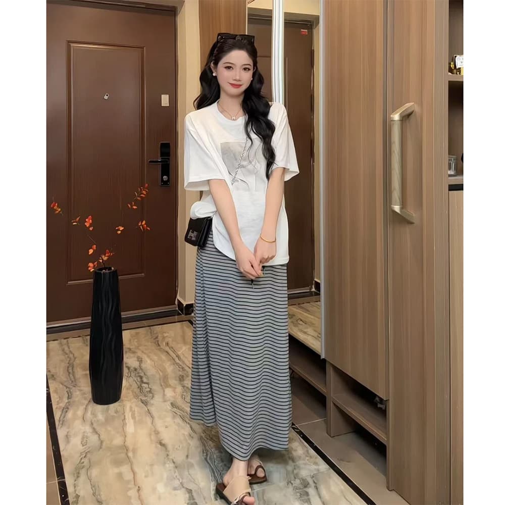 지금 임산부 한 부서 레트로 프린트 반팔 티셔츠 스트라이프 반신 스커트 두 조각 여성 세트 여름 루즈핏 다용도 세트 이미지 2