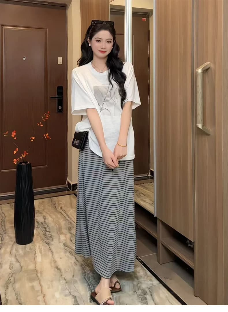 지금 임산부 한 부서 레트로 프린트 반팔 티셔츠 스트라이프 반신 스커트 두 조각 여성 세트 여름 루즈핏 다용도 세트 상세 이미지 8
