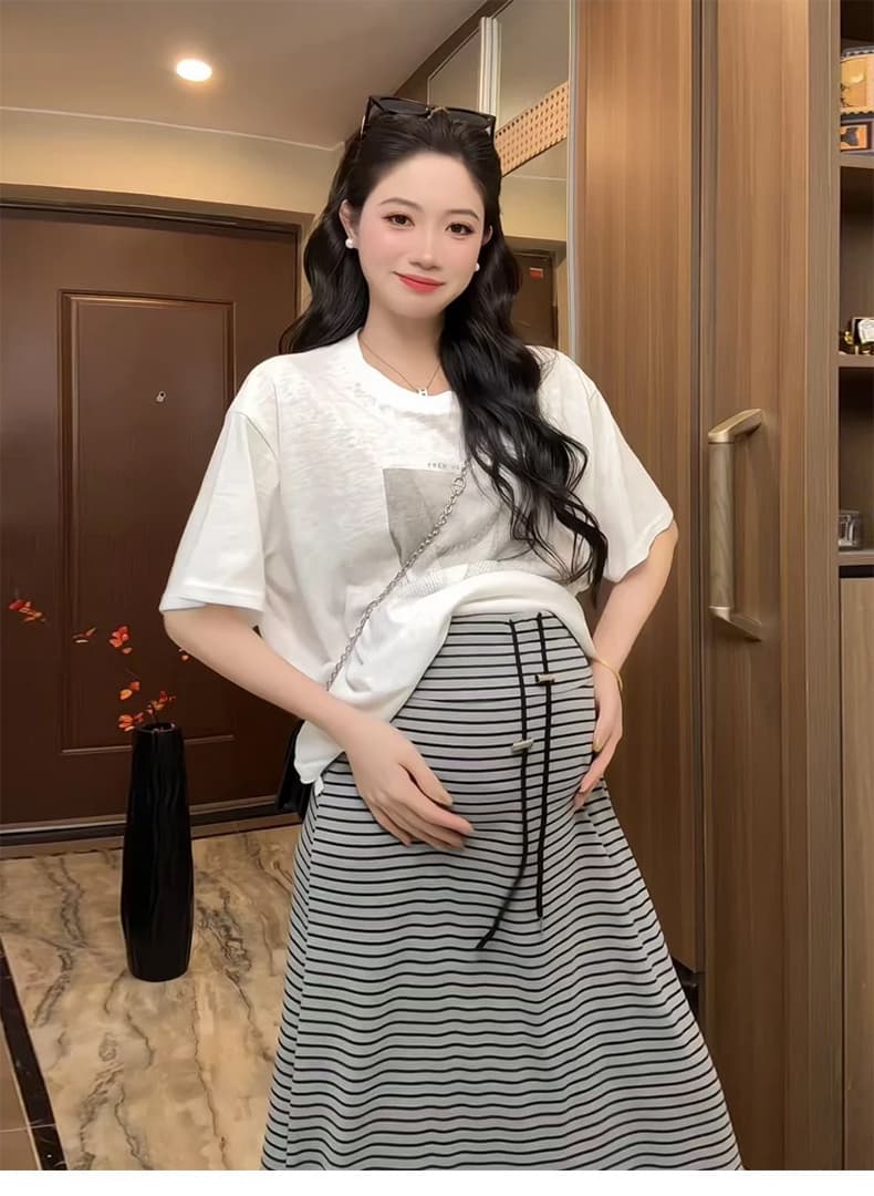 지금 임산부 한 부서 레트로 프린트 반팔 티셔츠 스트라이프 반신 스커트 두 조각 여성 세트 여름 루즈핏 다용도 세트 상세 이미지 10