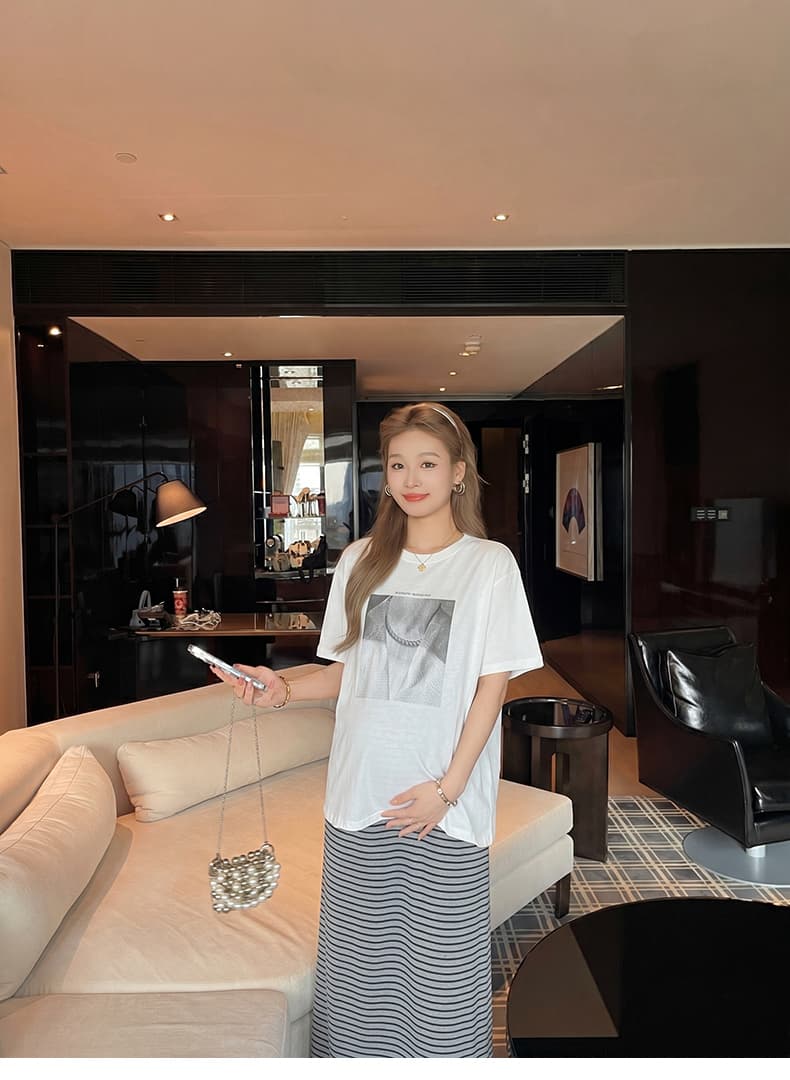 지금 임산부 한 부서 레트로 프린트 반팔 티셔츠 스트라이프 반신 스커트 두 조각 여성 세트 여름 루즈핏 다용도 세트 상세 이미지 19