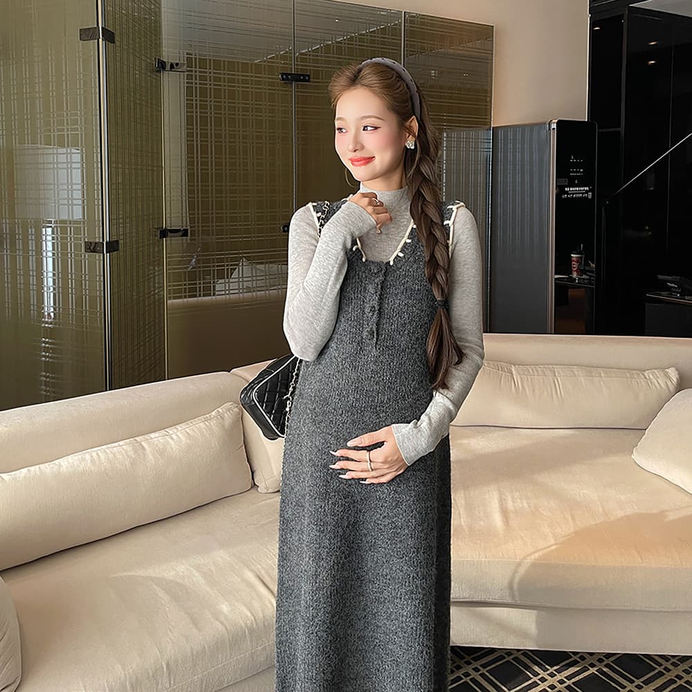 실사 지금 임산부 느긋한 바람 니트 조끼 원피스 세트 여성 봄 가을 연령 감소 슬림해 보이는 투피스 세트 이미지 4