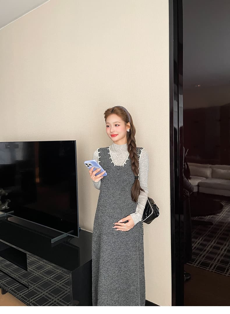 실사 지금 임산부 느긋한 바람 니트 조끼 원피스 세트 여성 봄 가을 연령 감소 슬림해 보이는 투피스 세트 상세 이미지 8