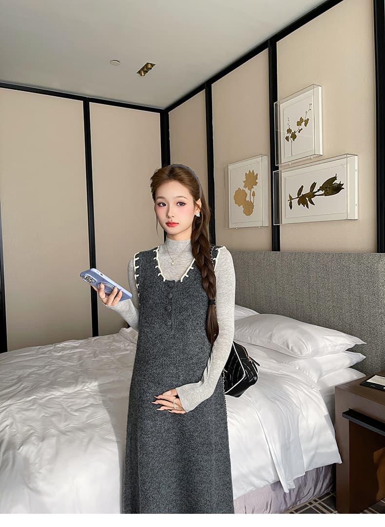 실사 지금 임산부 느긋한 바람 니트 조끼 원피스 세트 여성 봄 가을 연령 감소 슬림해 보이는 투피스 세트 상세 이미지 10