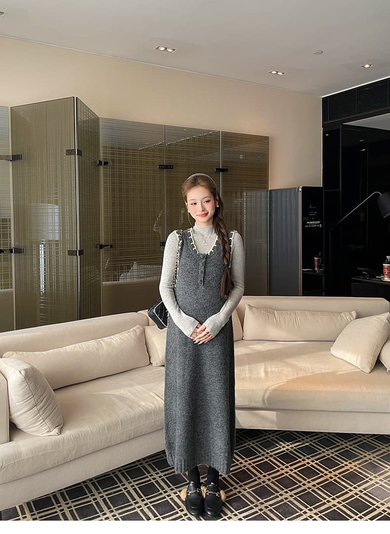 실사 지금 임산부 느긋한 바람 니트 조끼 원피스 세트 여성 봄 가을 연령 감소 슬림해 보이는 투피스 세트 상세 이미지 19