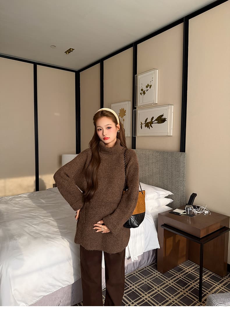 실사 지금 출산 착용 가을 겨울 느긋한 바람 터틀넥 스웨터 와이드 레그 팬츠 세트 여성 가을 겨울 보온 투피스 세트 상세 이미지 29