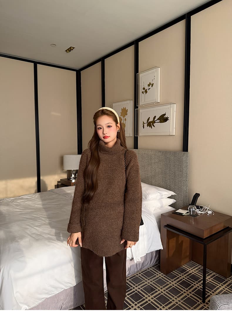 실사 지금 출산 착용 가을 겨울 느긋한 바람 터틀넥 스웨터 와이드 레그 팬츠 세트 여성 가을 겨울 보온 투피스 세트 상세 이미지 30
