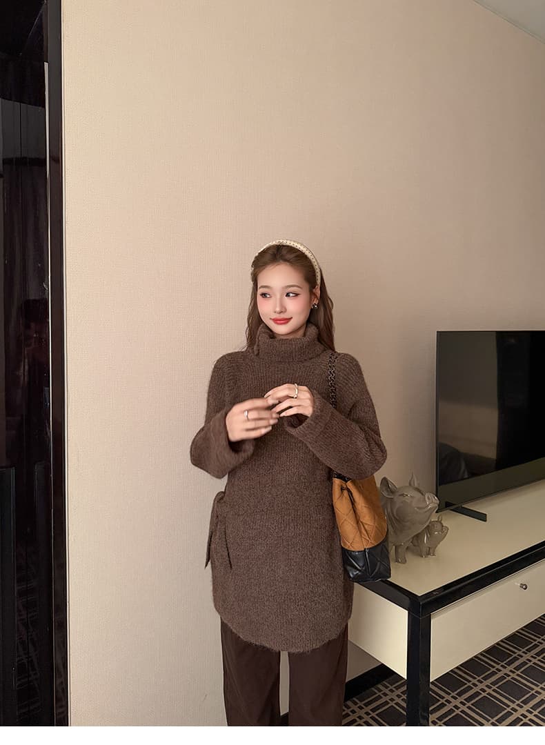 실사 지금 출산 착용 가을 겨울 느긋한 바람 터틀넥 스웨터 와이드 레그 팬츠 세트 여성 가을 겨울 보온 투피스 세트 상세 이미지 33