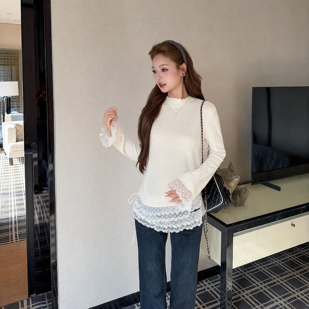 실사 지금 출산 착용 가을 겨울 한 부서 레이스 조각 반하이넥 기본 셔츠 여성 셔츠 바지 투피스 세트 이미지 4