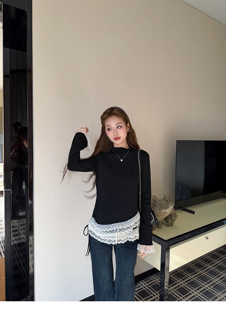 실사 지금 출산 착용 가을 겨울 한 부서 레이스 조각 반하이넥 기본 셔츠 여성 셔츠 바지 투피스 세트 상세 이미지 13