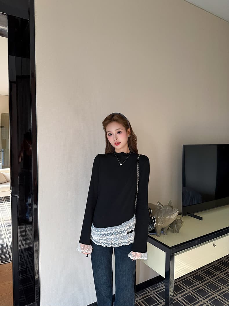 실사 지금 출산 착용 가을 겨울 한 부서 레이스 조각 반하이넥 기본 셔츠 여성 셔츠 바지 투피스 세트 상세 이미지 33