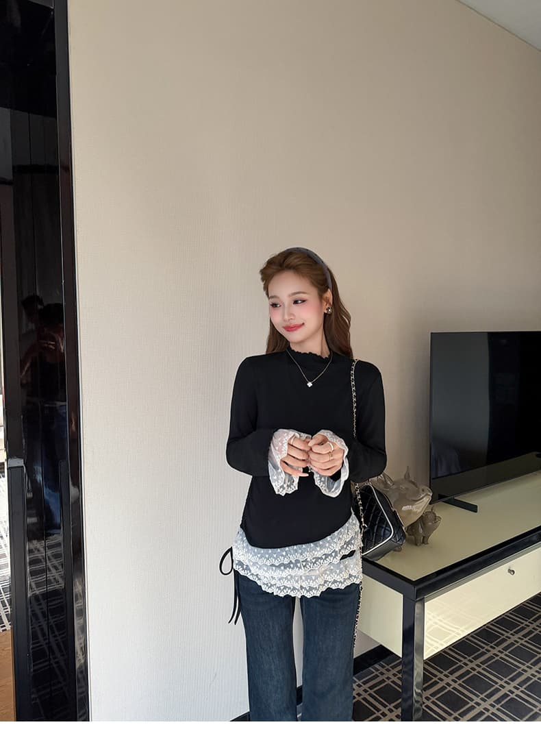 실사 지금 출산 착용 가을 겨울 한 부서 레이스 조각 반하이넥 기본 셔츠 여성 셔츠 바지 투피스 세트 상세 이미지 34