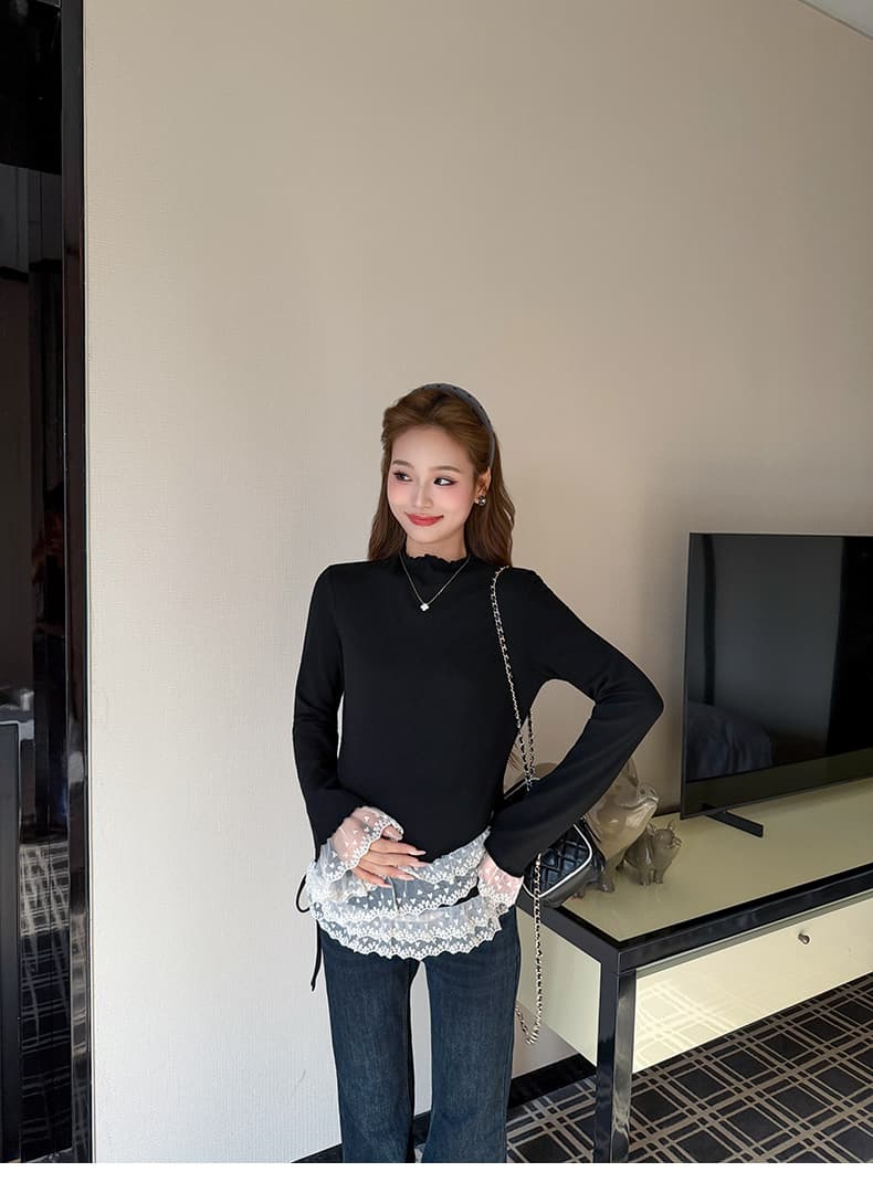 실사 지금 출산 착용 가을 겨울 한 부서 레이스 조각 반하이넥 기본 셔츠 여성 셔츠 바지 투피스 세트 상세 이미지 36