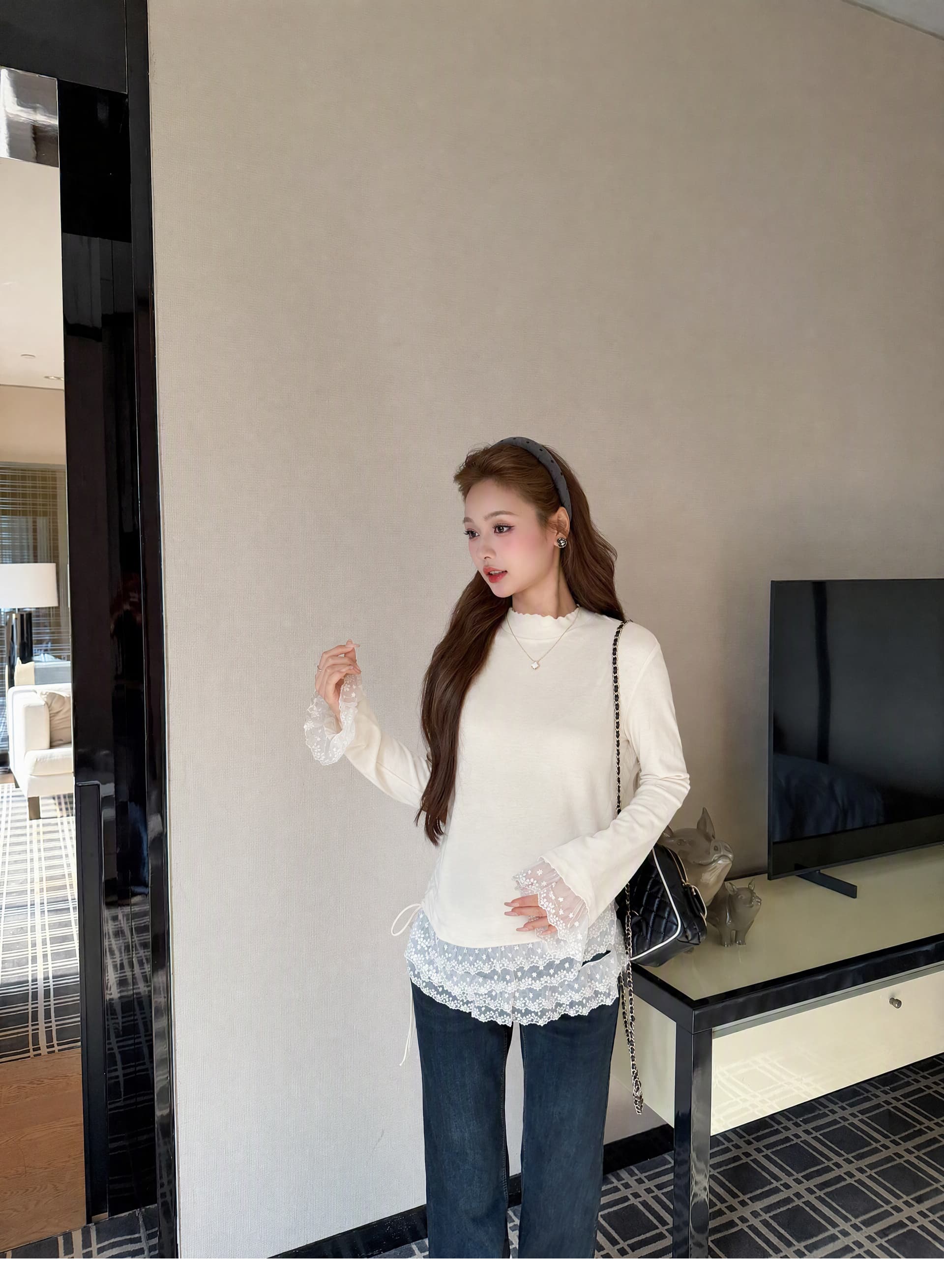 실사 지금 출산 착용 가을 겨울 한 부서 레이스 조각 반하이넥 기본 셔츠 여성 셔츠 바지 투피스 세트 상세 이미지 39