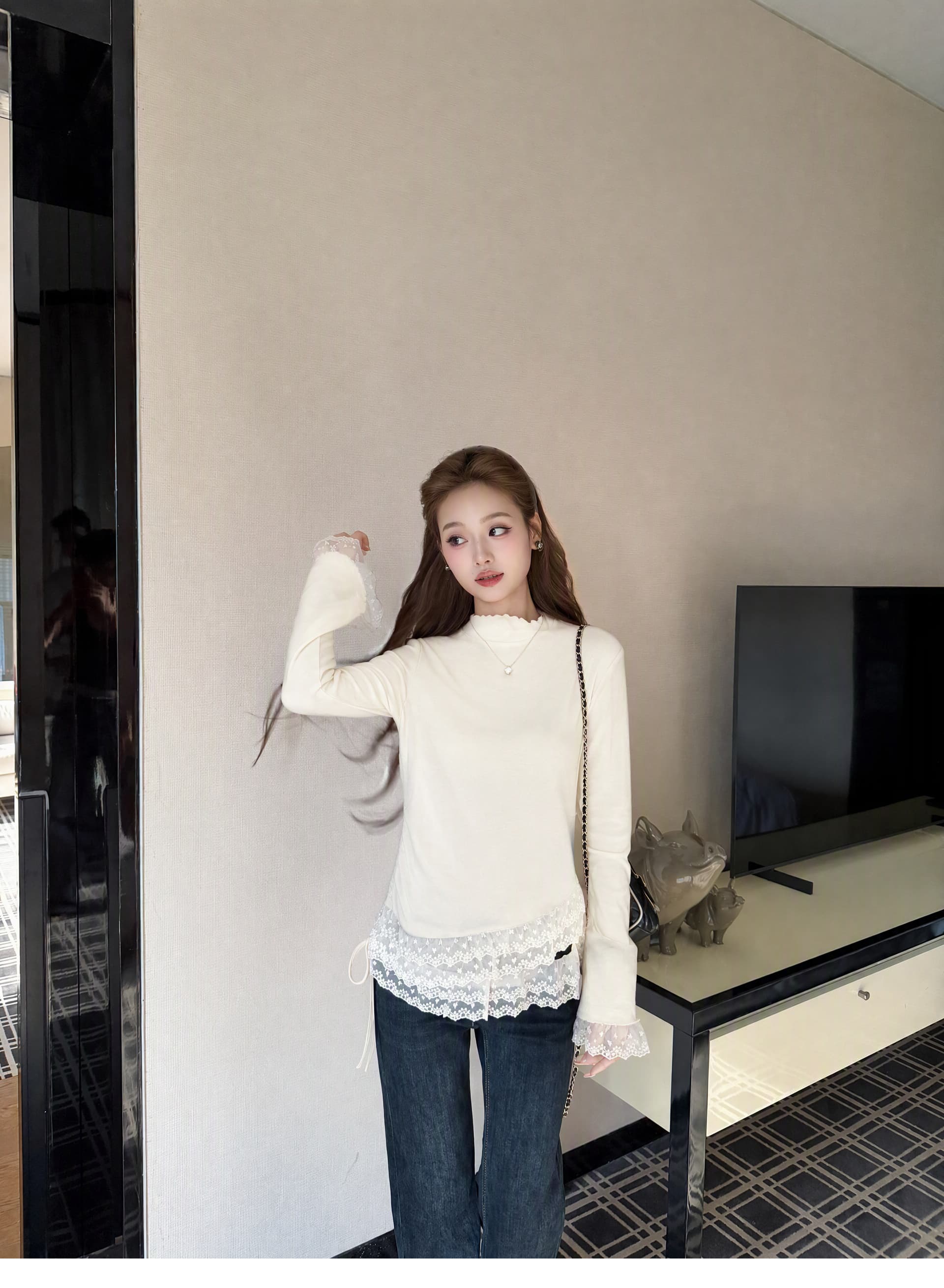 실사 지금 출산 착용 가을 겨울 한 부서 반하이넥 기본 셔츠 여성 디자인 센스 맨위 바지 투피스 세트 상세 이미지 9