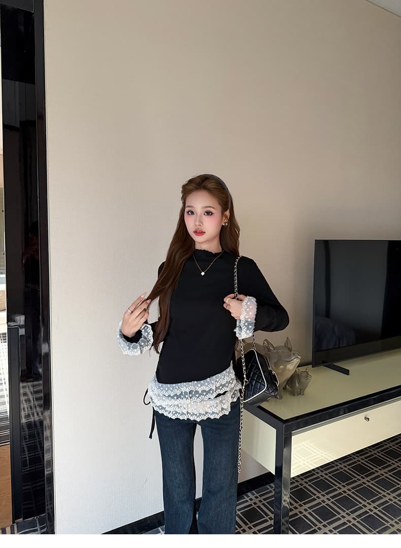 실사 지금 출산 착용 가을 겨울 한 부서 반하이넥 기본 셔츠 여성 디자인 센스 맨위 바지 투피스 세트 상세 이미지 41