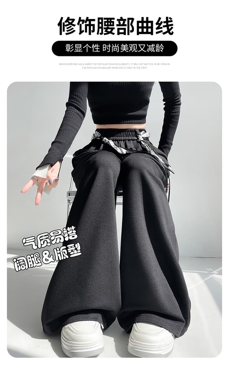 실사 봄 여름 우유 푸 블루 색상 캐주얼 휴가 바람 스카프 스트랩 하이웨이스트 벽오동 바지 넓은 다리 슬림해 보이는 도루 센스 바지 상세 이미지 56