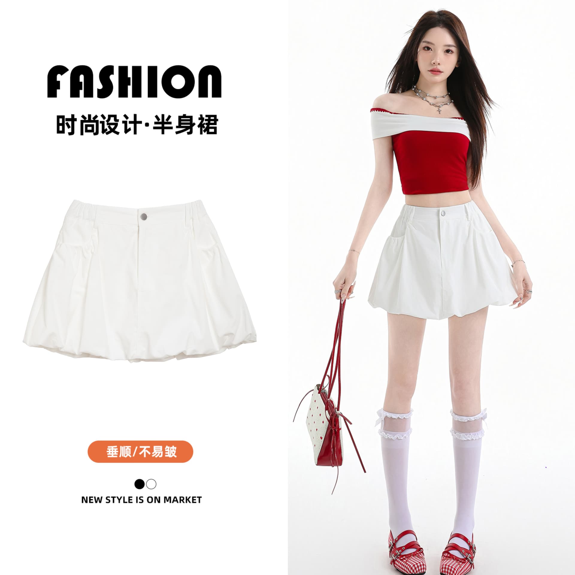 실사 여름 얇은 스타일 도트 무늬 꽃밭 연령 감소 작은 키 퍼프 외국 가스 하이웨이스트 슬림해 보이는 한 마디 반신 미니 스커트 이미지 2