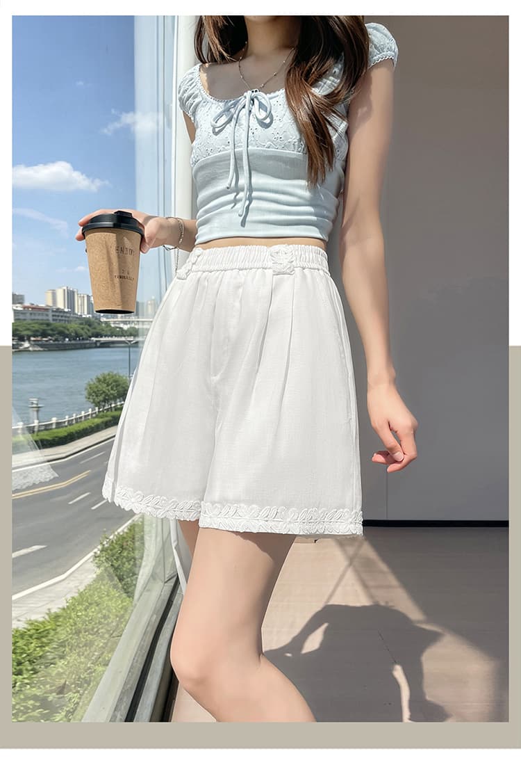 실사 여름 얇은 스타일 프랑스식 작은 Chic 면 아마 레이스 패치워크 안감 화이트 넓은 다리 허리밴드 반바지 상세 이미지 24
