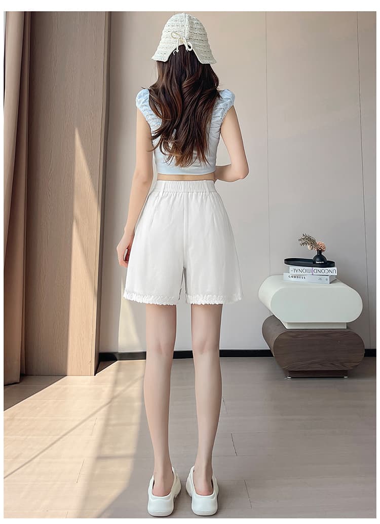 실사 여름 얇은 스타일 프랑스식 작은 Chic 면 아마 레이스 패치워크 안감 화이트 넓은 다리 허리밴드 반바지 상세 이미지 29