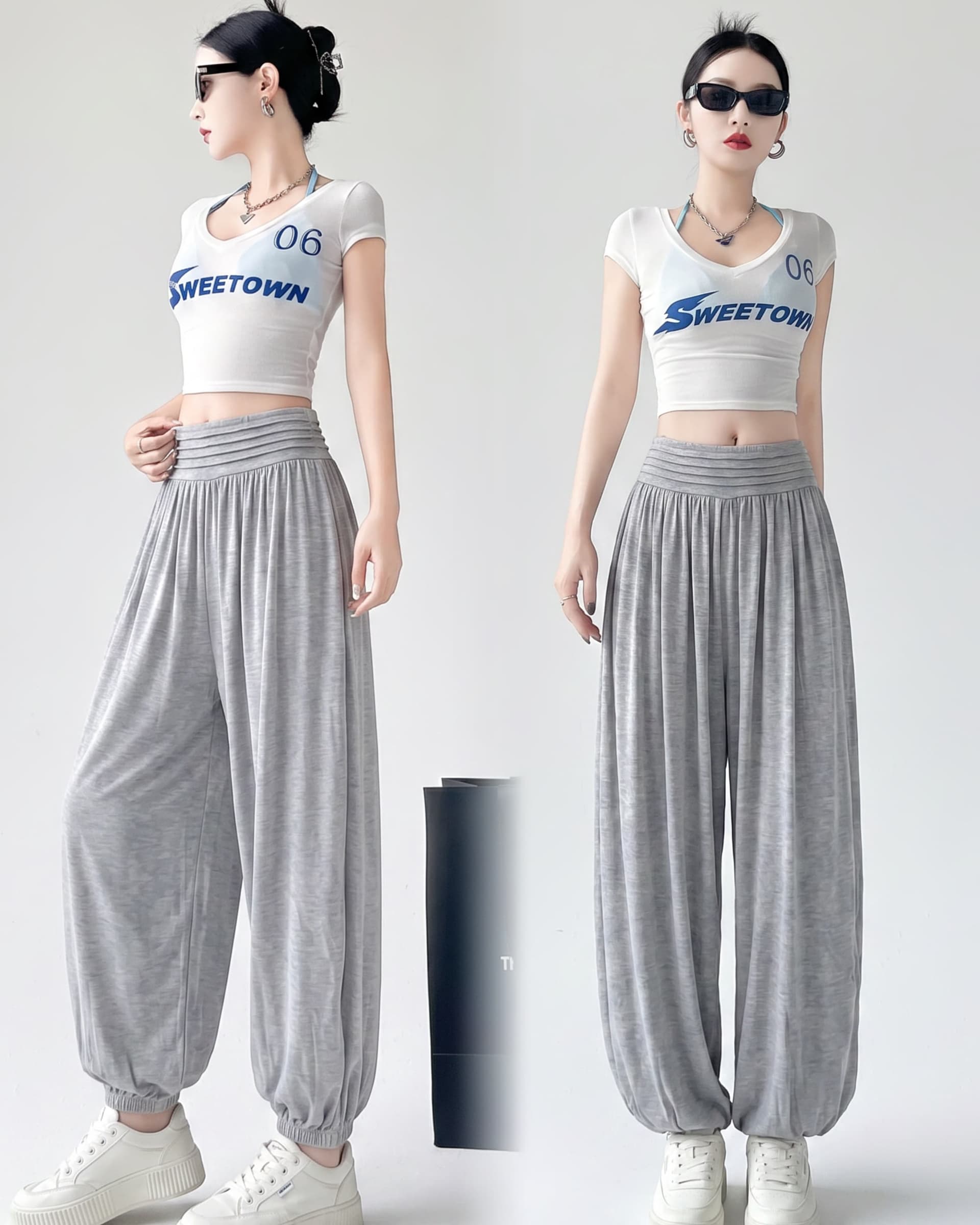 실사 여름 아메리칸 운동 도루 센스 차가운 센스 허리밴드 느긋한 와 성별 캐주얼 하이웨이스트 슬림해 보이는 꽃밭 긴 바지 이미지 2