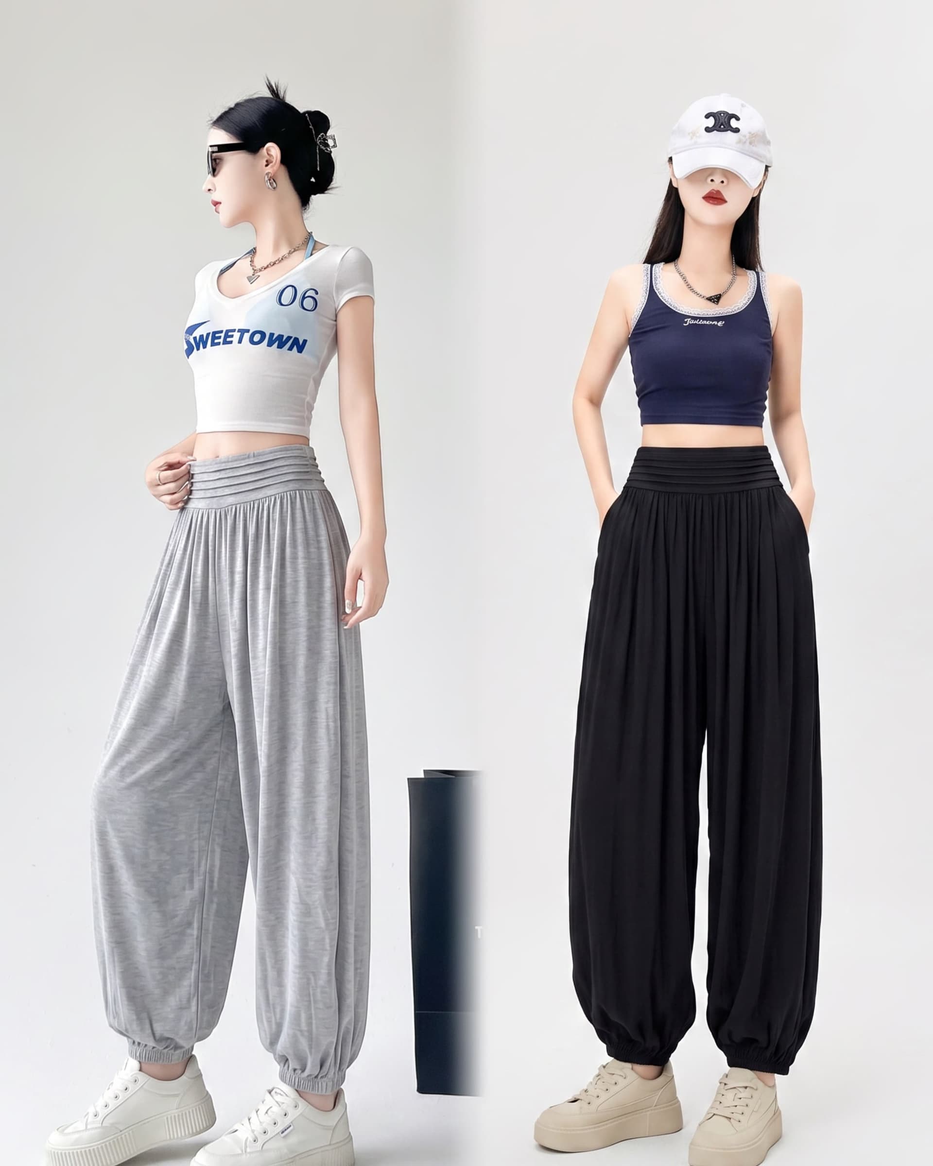실사 여름 아메리칸 운동 도루 센스 차가운 센스 허리밴드 느긋한 와 성별 캐주얼 하이웨이스트 슬림해 보이는 꽃밭 긴 바지 상세 이미지 1