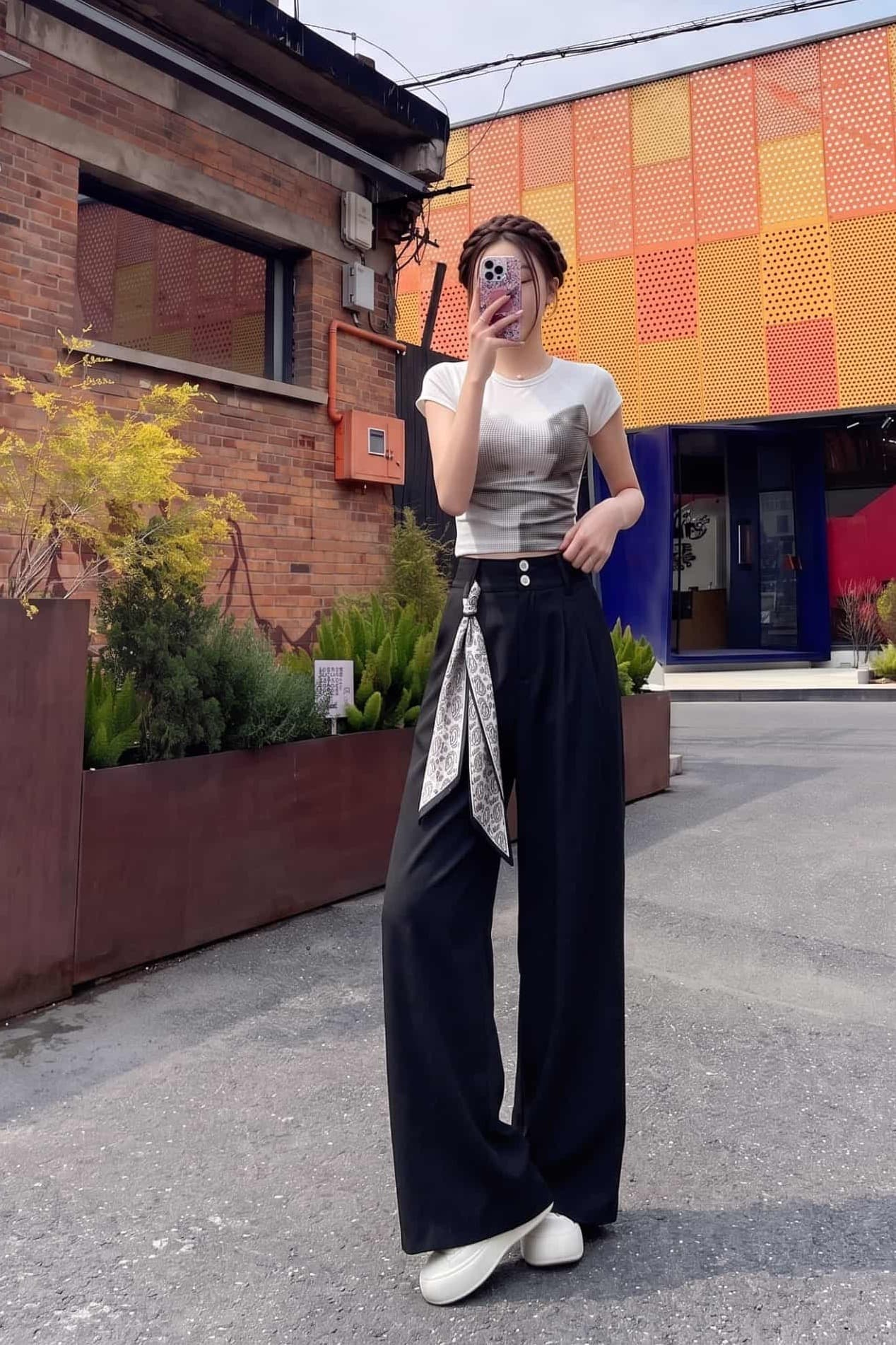 실사 여름 프랑스식 면 린넨 스카프 이후 밴딩 통기성 출퇴근 캐주얼 작은 키 하이웨이스트 넓은 다리 길이 바지 이미지 6