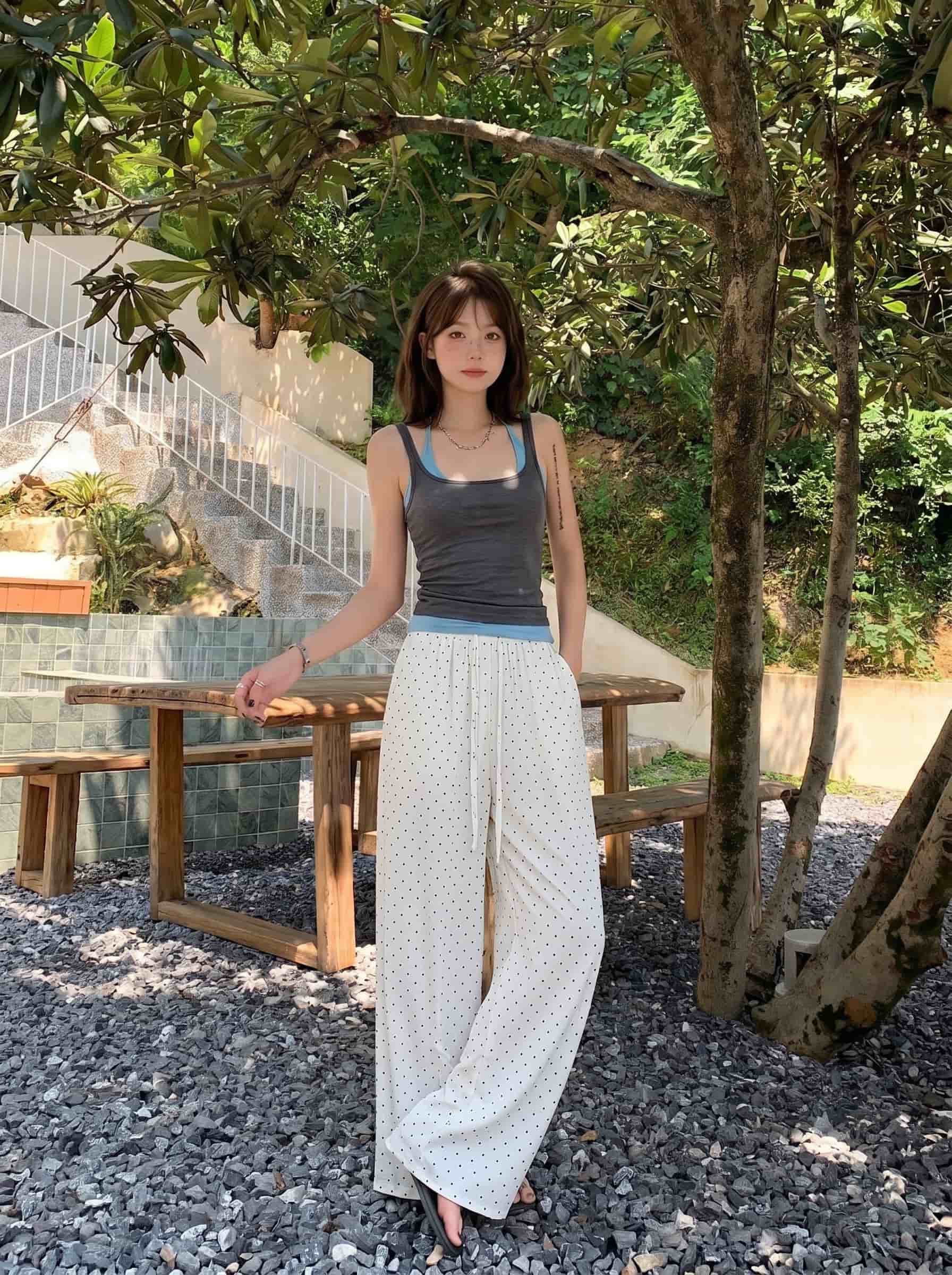 실사 여름 한국 스타일 주간 실크 도트 무늬 면 린넨 통기성 허리밴드 캐주얼 작은 키 슬림해 보이는 출퇴근 와이드 레그 팬츠 상세 이미지 12