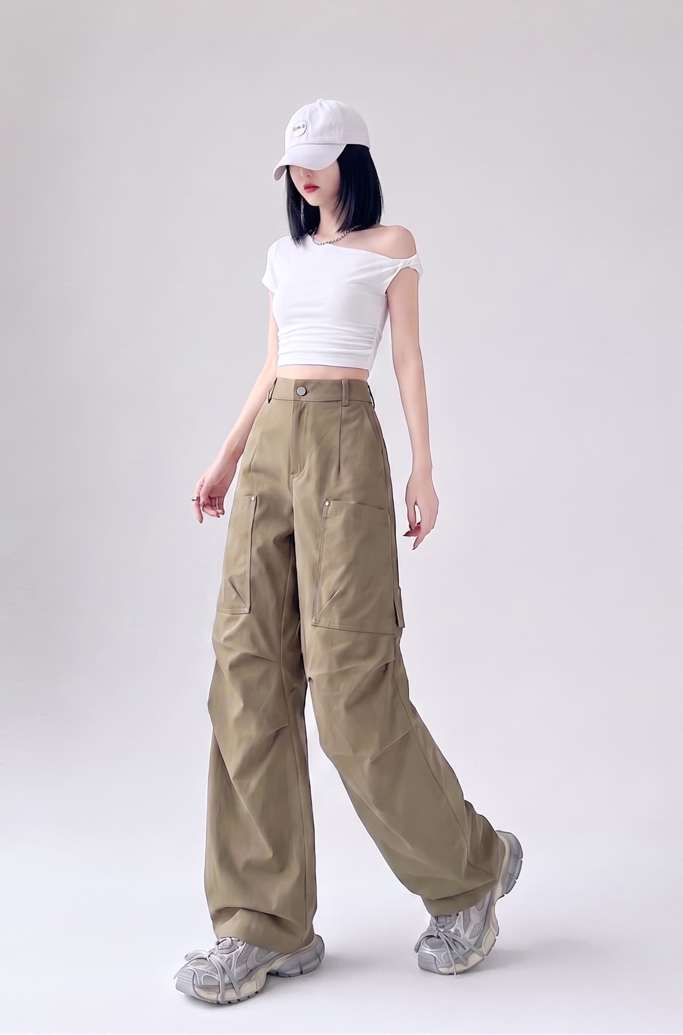 실사 가을 아메리칸 카키 로우 웨이스트 워크웨어 긴 바지 디자인 센스 이후 허리밴드 작은 대중 루즈핏 스트레이트 캐주얼 바지 이미지 4