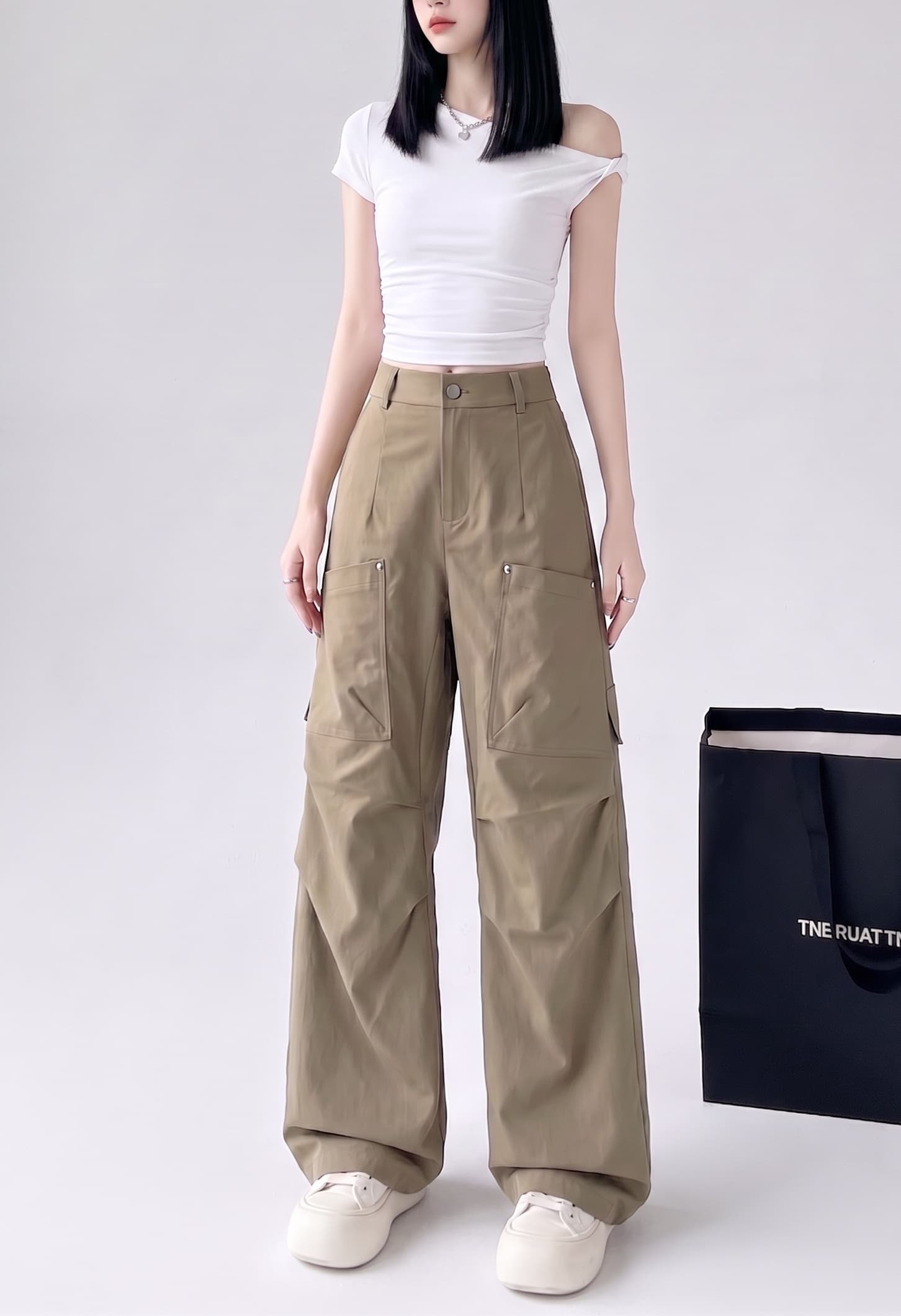 실사 가을 아메리칸 카키 로우 웨이스트 워크웨어 긴 바지 디자인 센스 이후 허리밴드 작은 대중 루즈핏 스트레이트 캐주얼 바지 상세 이미지 7