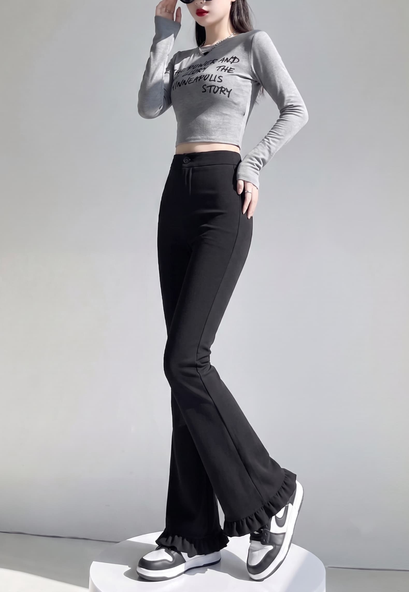 실사 가을 검정색 정장 높은 탄력성 레이스 패치워크 부츠컷 출퇴근 작은 키 몸매 가꾸기 하이웨이스트 호스 슈 바지 상세 이미지 6