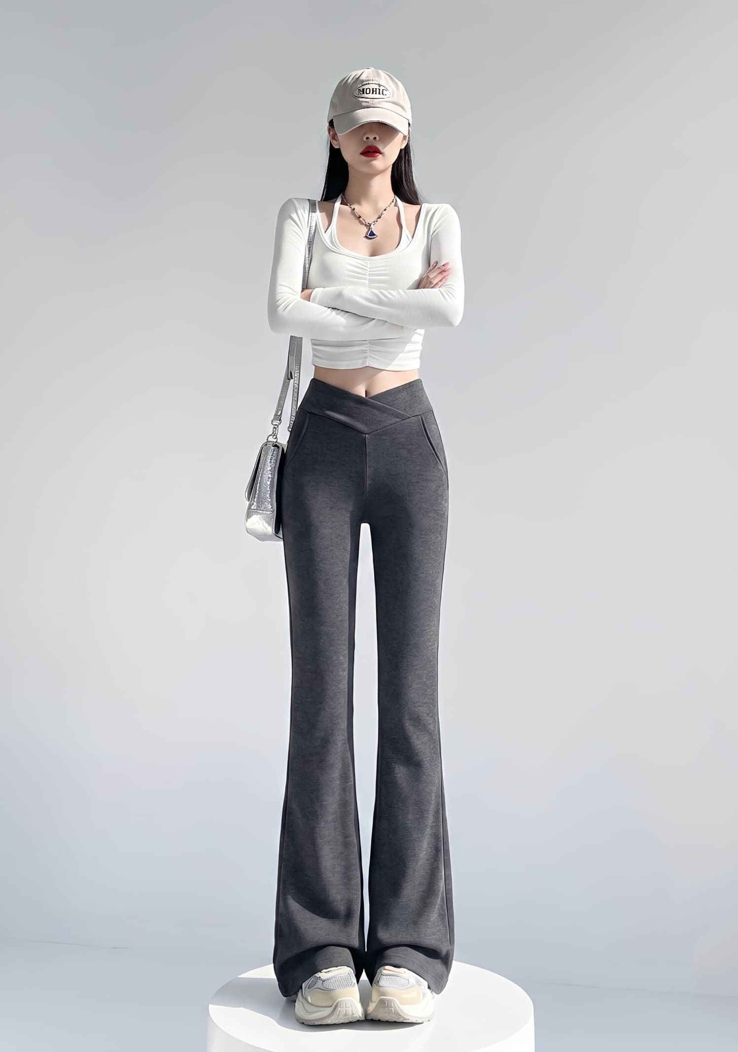실사 가을 겨울 공기 알몸의 센스 면 아메리칸 지불 엉덩이 주머니 디자인 센스 마이크로 나팔 몸매 가꾸기 작은 키 웨이 바지 이미지 3