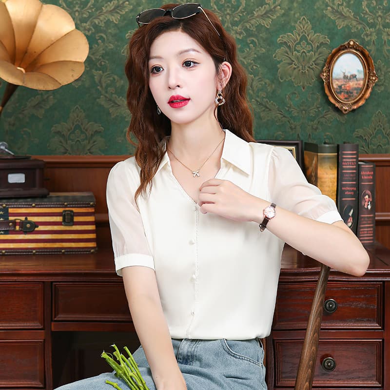품격 외국 가스 폴로 칼라 레이스 반팔 여성 셔츠 여름 드레스 2026 년 여름 새로운 다용도 슬림해 보이는 캐주얼 맨위 이미지 6