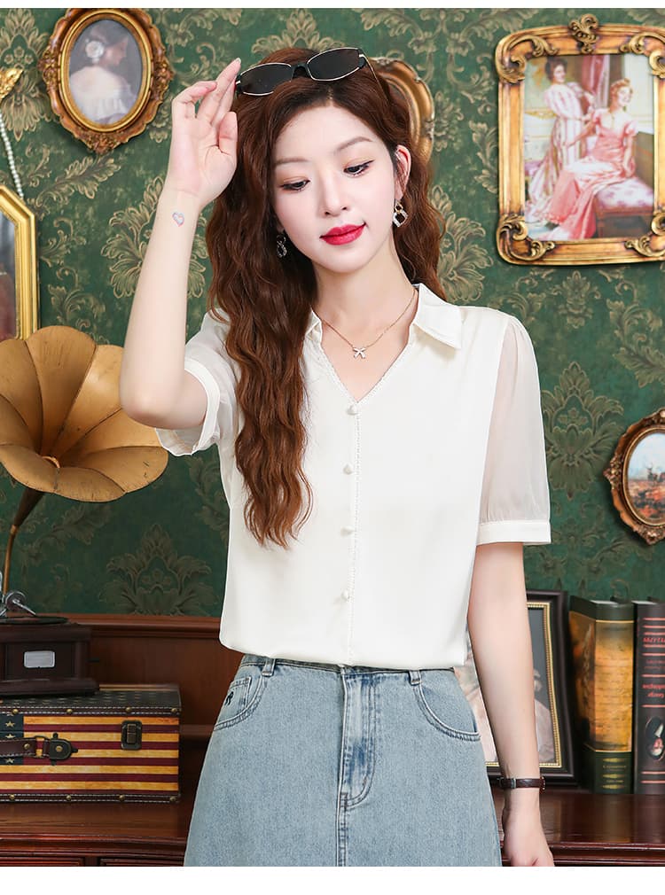 품격 외국 가스 폴로 칼라 레이스 반팔 여성 셔츠 여름 드레스 2026 년 여름 새로운 다용도 슬림해 보이는 캐주얼 맨위 상세 이미지 26