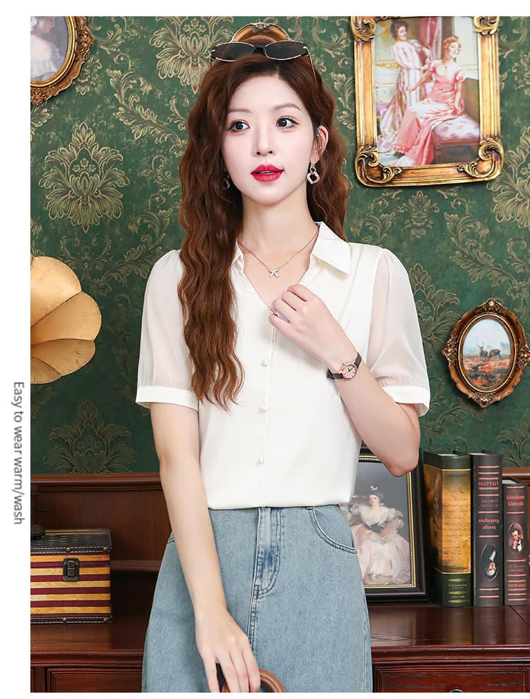 품격 외국 가스 폴로 칼라 레이스 반팔 여성 셔츠 여름 드레스 2026 년 여름 새로운 다용도 슬림해 보이는 캐주얼 맨위 상세 이미지 27