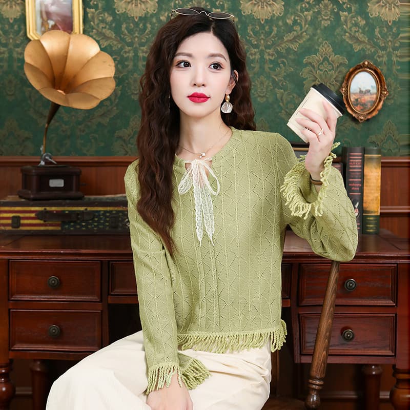 작은 샤넬 스타일 품격 나비 넥타이 니트 스웨터 여성 2025 가을 새로운 디자인 센스 홀로우 아웃 긴팔 맨위 이미지 3
