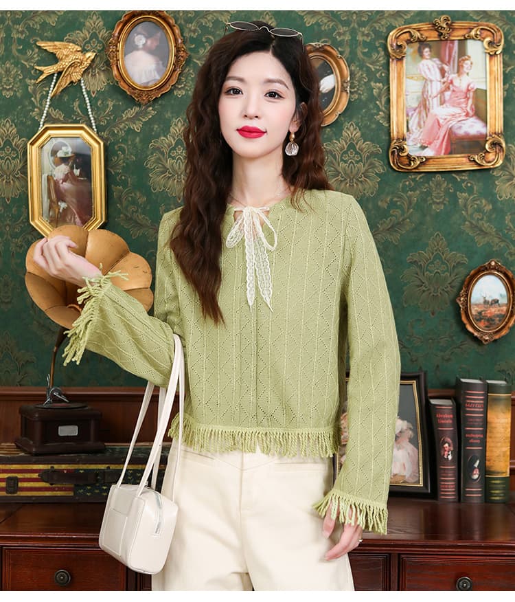 작은 샤넬 스타일 품격 나비 넥타이 니트 스웨터 여성 2025 가을 새로운 디자인 센스 홀로우 아웃 긴팔 맨위 상세 이미지 12