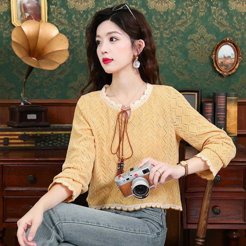 레트로 항구 바람 긴팔 여성 2025 년 가을 새로운 패션 다용도 레이스 패치워크 니트 스웨터 슬림해 보이는 맨위 이미지 5