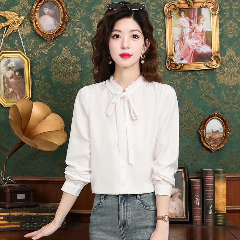2026 새로운 프랑스식 달콤함 레트로 스탠드 칼라 셔츠 문예 화이트 아름다운 작은 셔츠 맨위 봄 가을 이미지 6