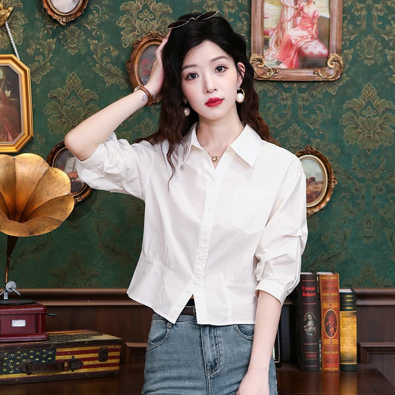 실사 출퇴근 펌프 Pleat 허리 수축 슬림해 보이는 셔츠 여성 긴 소매 2026 여름 새로운 싱글 줄 버튼 POLO 칼라 화이트 맨위 이미지 5