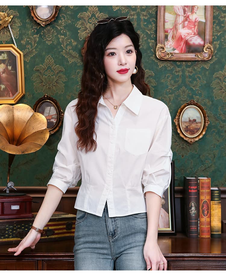 실사 출퇴근 펌프 Pleat 허리 수축 슬림해 보이는 셔츠 여성 긴 소매 2026 여름 새로운 싱글 줄 버튼 POLO 칼라 화이트 맨위 상세 이미지 13