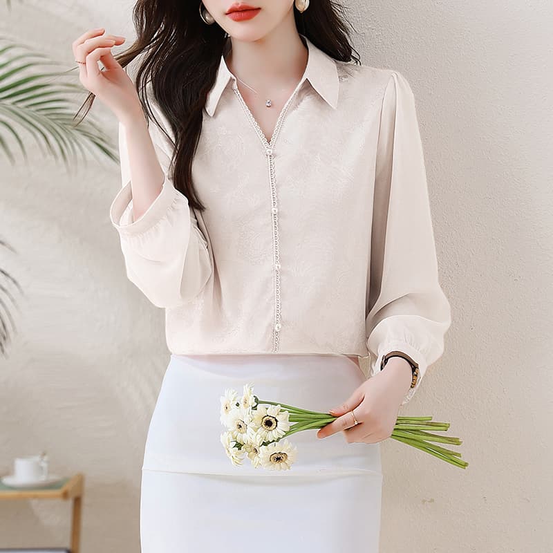실사 2026 새로운 폴로 칼라 레이스 단색 다용도 여성 셔츠 이미지 5