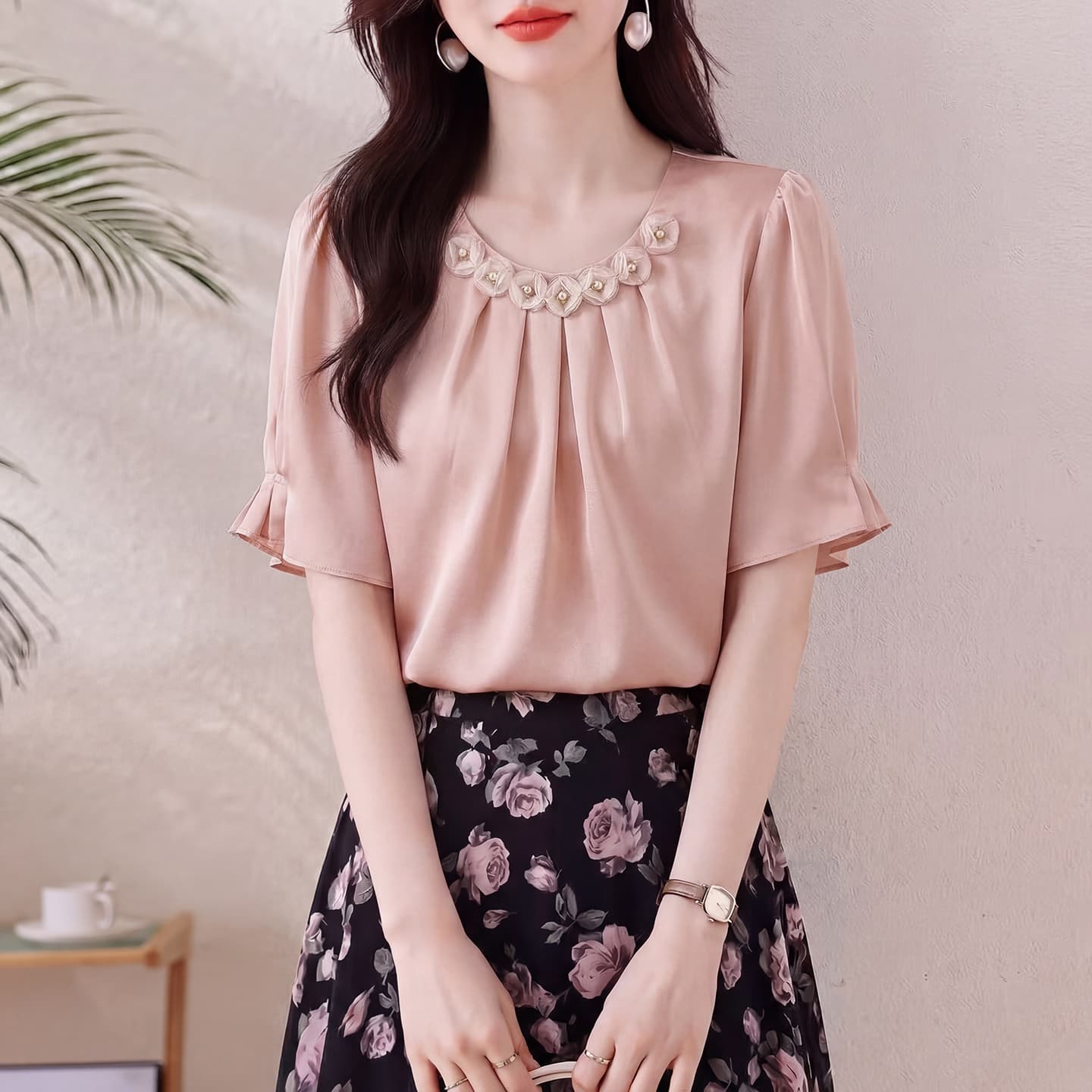 실사 2026 섹션 우아함 바람 거품 소매 시폰 셔츠 여성 3 차원 꽃 라운드 넥 반팔 맨위 패션 연령 감소 이미지 3