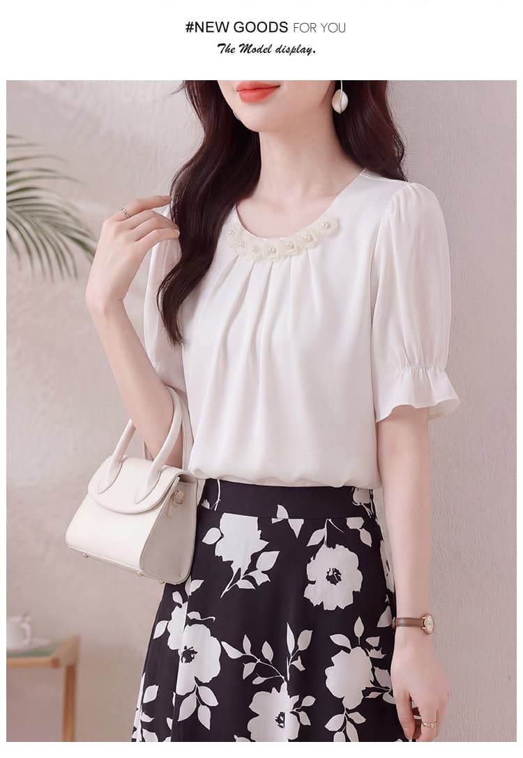 실사 2026 섹션 우아함 바람 거품 소매 시폰 셔츠 여성 3 차원 꽃 라운드 넥 반팔 맨위 패션 연령 감소 상세 이미지 15